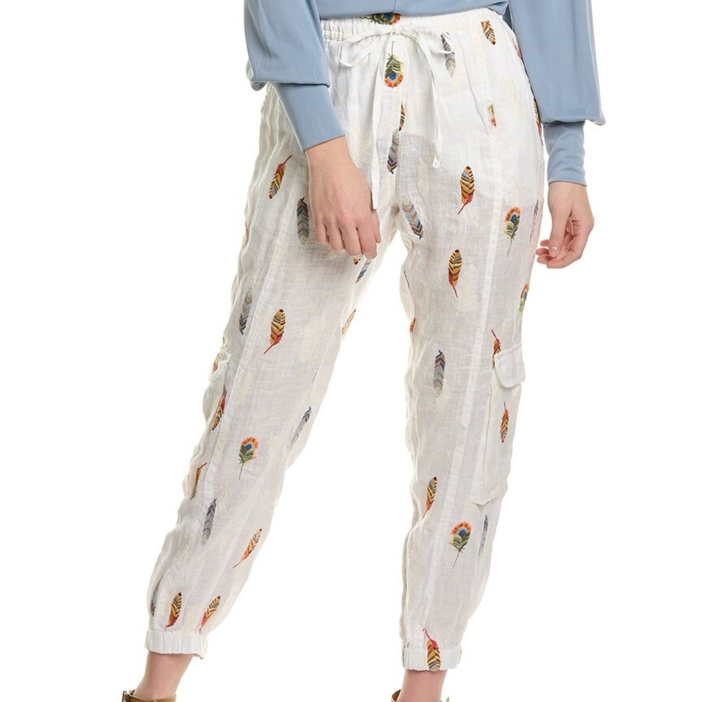 Biya Johnny Was Linen Cadek Jogger Embroidered Feather Pants Boho Gypsy XS
